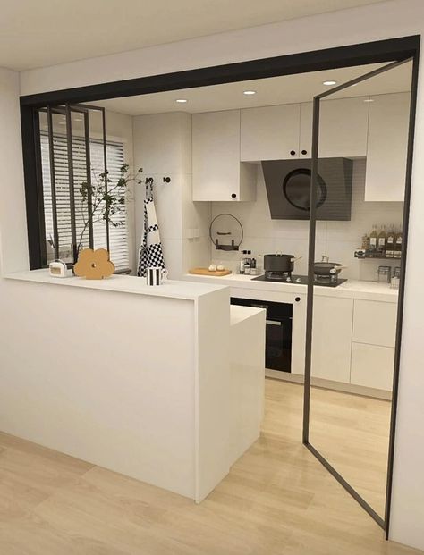 Coliving Kitchen Design, Semi Closed Kitchen Ideas, Kitchen Divider Ideas Half Walls, Kitchen Opening To Living Room, Small Open Kitchen Design, Semi Open Kitchen And Living Room, Semi Open Kitchen Design, Half Open Kitchen, Kitchen Living Room Divider