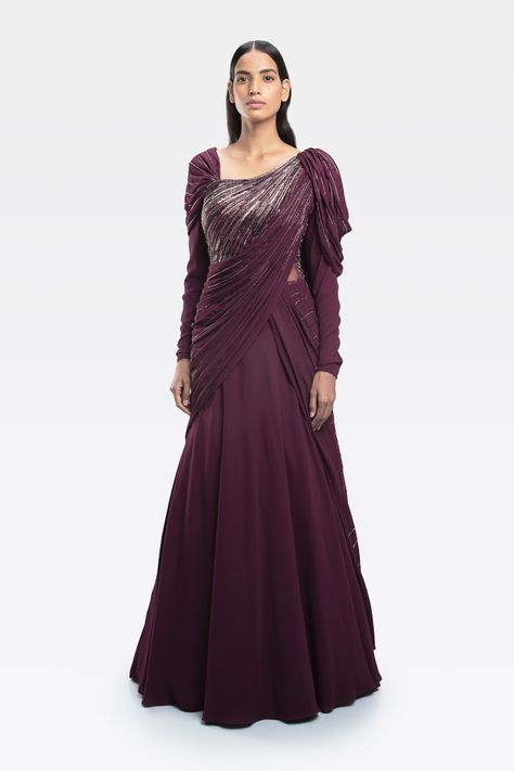 Dresses With Drapes, Saree Lehenga Design, Draped Saree Gown, Drape Gown, Saree Gowns, Gaurav Gupta, Choli Dress, Draped Saree, Simple Saree Designs