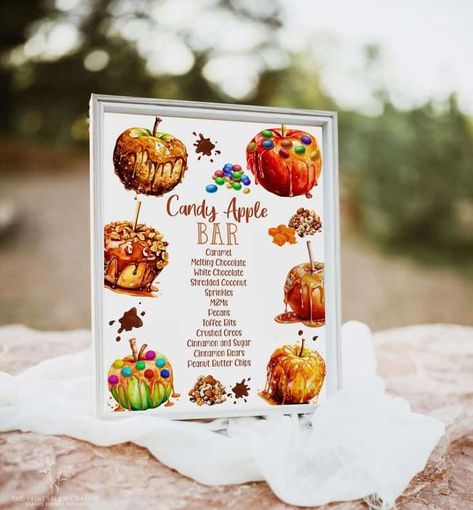 14 Fall Caramel Apple Bar Ideas - Lady Celebrations Candy Apple Bar, Candy Apple Bars, Caramel Apple Bar, Fall Caramel Apples, Apple Sign, Apple Bar, Caramel Apple Bars, Apple Menu, Apple Bars