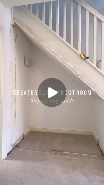 Katie Goulbourn on Instagram: "DIY BOOT ROOM STEP BY STEP 🪚   We aren’t the quickest DIYers here, having taken the wall out back in 2021 and completing the project earlier this year! But this page is here to help you with both ideas and how to guides to complete your own projects at home, so I’ve pulled together as much content as I could from my camera roll, and included step-by-step instructions as to how we created this space.   Here we go: 1. Remove skirting boards, if possible keep in good condition for reusing at the end!  2. Create a sturdy wooden base the depth of the kallax (so the Kallax unit sits flush on top of the base) and a few cm’s shorter than the skirting board, which you will place infront of the base at the end  3. Place the Kallax unit on top of the base  4. Cut small Downstairs Storage Ideas, Under Stairs Doors Diy, Understairs Boot Room Ideas, Ikea Pax Hack Under Stairs, What To Do Under Stairs, Kallax Boot Room, Kallax Boot Room Hack, Hallway Unit Ideas, Under Stairs Curtain Ideas