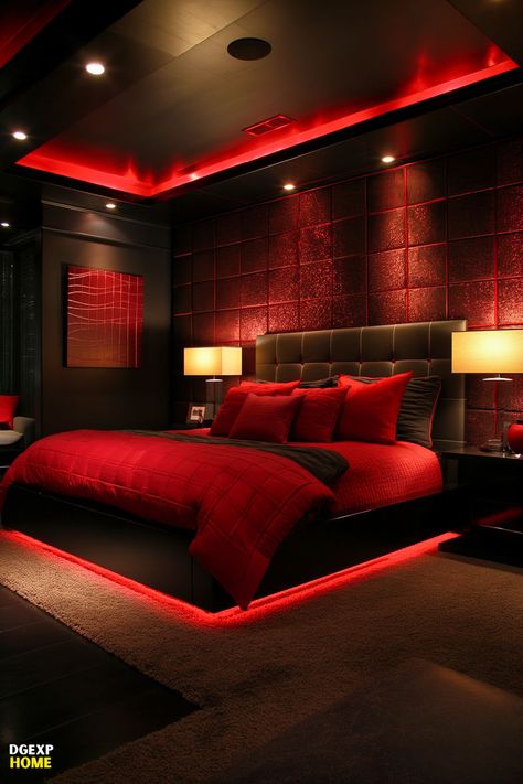 Sleek red and black modern bedroom with ambient LED lighting and vibrant red bedding Red Lights Bedroom, Bedroom Ideas Red, Black Modern Bedroom, Bedroom Ideas For Men, Bedroom Bedding Sets, Fall Bedroom, Black Bedroom, Bedroom Red, Christmas Decorations Bedroom