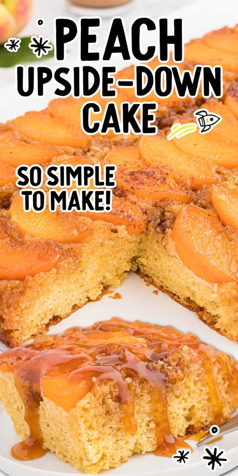 Peach Upside Down Cake With Box Cake And Canned Peaches, Easy Peach Upside Down Cake, Peach Box Cake Recipes, Easy Peach Upside Down Cake With Box Cake, Boxed Cake Mix Desserts, Peach Cake With Cake Mix Boxes, Peach Upside Down Cake With Box Cake, Peach Upside Down Cake Recipe, Upside Down Peach Cake