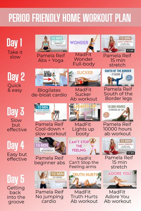 An easy workout plan featuring blogilates and lots of Pamela Reif and MadFit! Each day is about 20-30 minutes long. The main focus is slow cardio and short song workouts, perfect for that time of the month! Of course you can switch up the song wokouts if you don’t like a specific song, MadFit has a lot! Blogilates Workout Plan, Pamela Workout Plan, Madfit Workout Results, Workout Plans Youtube, Madfit Workout Calendar, Home Workout Plan Youtube, Madfit Workout Plan, Youtube Workouts That Actually Work, Youtube Workout Plan