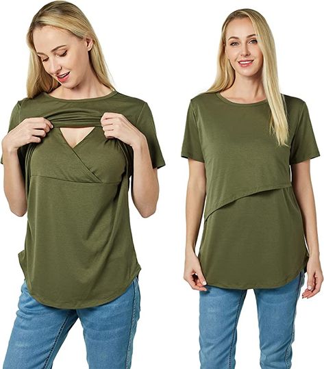 MaisMa Women's Maternity Tops Shirts Short Sleeve Double Layer Breastfeeding Tee Shirts with Asymmetrical Flap Nursing Tops at Amazon Women’s Clothing store Diy Nursing Clothes, Feeding Dresses, Breastfeeding Friendly Dresses, Maternity Nightwear, Maternity Sewing, Nursing Friendly Dress, Breastfeeding Dress, Dresses For Pregnant Women, Breastfeeding Clothes