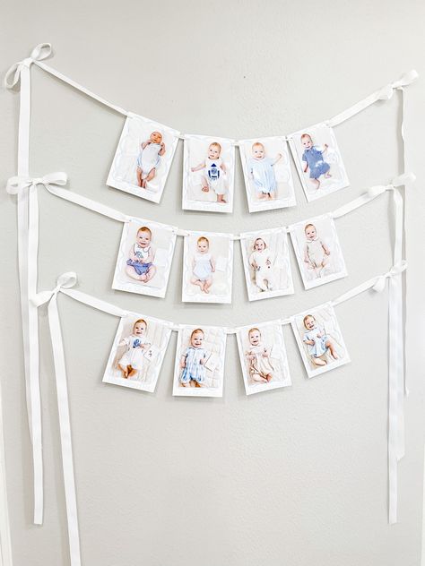 Balloons In Crib First Birthdays, 12 Month Picture Display First Birthdays, Blue And White First Birthday Cake, First Birthday Photo Display Ideas, Blue Gingham Birthday Party, Grand Millennial First Birthday, Blue Gingham First Birthday, Classic Blue And White First Birthday, Classic First Birthday Boy