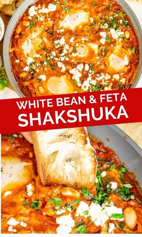 Recipes With White Beans, Dinner Vegetarian Healthy, White Bean Shakshuka, Shakshuka With Feta, Easy Shakshuka Recipe, Easy Shakshuka, Dinner Ideas Quick, Health Lunch, Shakshuka Recipe