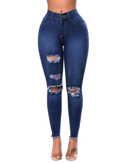 MACCHIASHINE Women's High Waisted Skinny Destroyed Ripped Denim Jeans Stretch Pencil Pants #Sponsored Ripped Jeans Style, Jeans Grunge, Trendy Trouser, Womens Ripped Jeans, Blue Ripped Jeans, Moda Jeans, Winter Mode, Outfit Jeans, Slim Denim