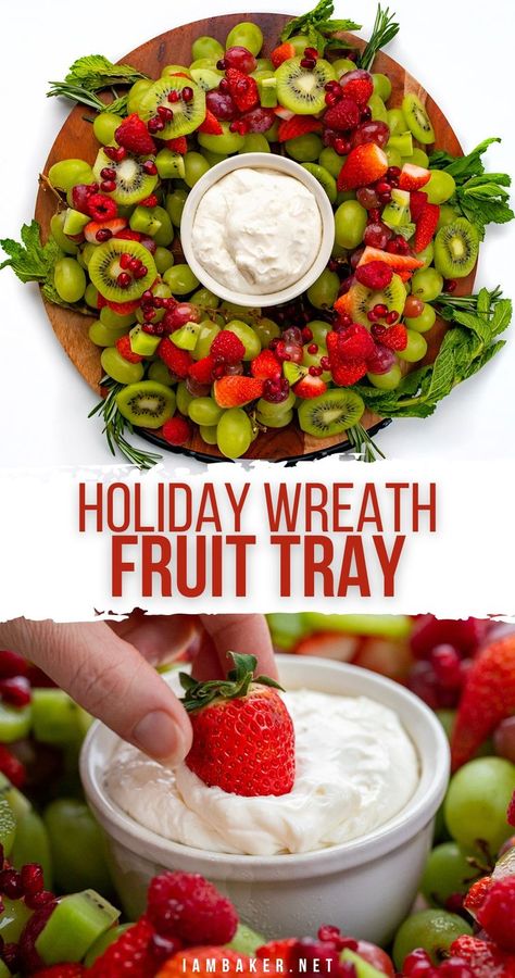 A variety of red and green fruits displayed in the shape of a wreath, with a fruit dip in the center.  A strawberry dipping into the fruit dip. Holiday Fruit Platter, Fruit Tray Designs, Christmas Dessert Tray, Christmas Fruit Salad, Fruit Christmas Tree, Holiday Fruit, Fruit Appetizers, Christmas Platter, Christmas Fruit