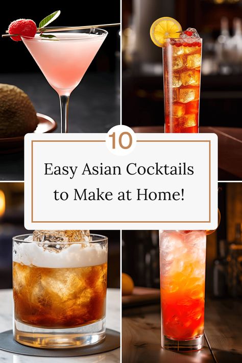 Discover a variety of quick and easy Asian cocktails to whip up in your own kitchen, including Singapore Sling, Sake Martini, Lychee Martini, Thai Basil Mojito, Shochu Sour, Thai Iced Tea Cocktail, and Soju Sunrise. Elevate your mixology game with these simple and delicious Asian-inspired drinks! Asian Inspired Drinks, Asian Inspired Cocktails Drinks, Thai Cocktail Recipes, Chinese Cocktail Recipes, Asian Drinks Cocktails, Asian Cocktails Recipes, Asian Inspired Cocktails, Martini Lychee, Thai Cocktails