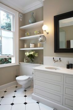 Concealed cistern with shelves / cupboard above? Shelves Above Toilet, Shelves Over Toilet, Traditional Bathroom Designs, Popular Interior Design, Bad Inspiration, Interior Design Photos, Bathroom Collections, Bathroom Renos, Traditional Bathroom