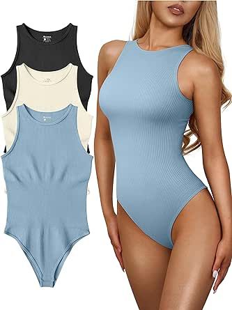 OQQ Women's 3 Piece Bodysuits Sexy Ribbed One Piece Sleeveless Halter Neck Bodysuits Active Bodysuit, Snatched Waist, Striped Bodysuit, Basic Fits, Business Professional, Ribbed Bodysuit, Ribbed Neckline, Plus Dresses, Mode Vintage