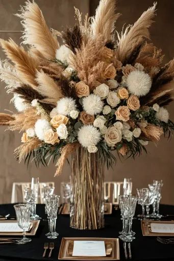 ↑↑↑ Larger size on website 🔸 A large, elegant centerpiece graces a black tablecloth, featuring a mix of fluffy white and beige fl White And Beige Flowers, Minimalist Table Setting, Boho Centerpiece, Black Tablecloth, Elegant Centerpiece, Beige Flowers, Feather Centerpieces, Minimalist Table, Great Gatsby Party