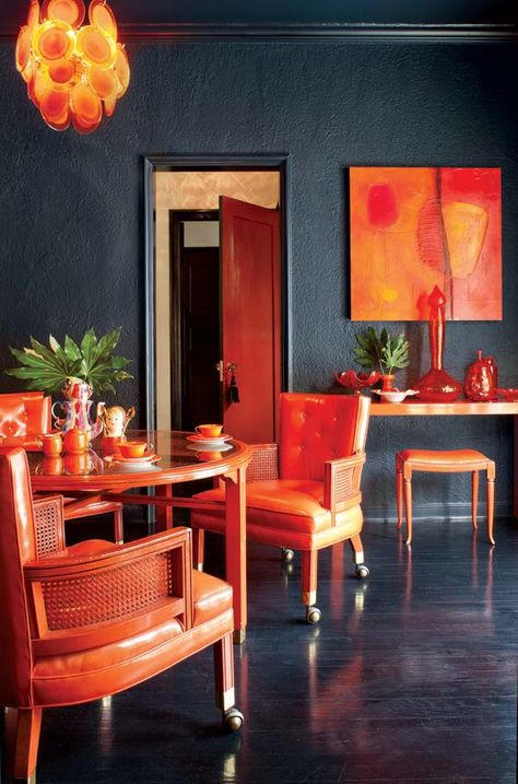 California Home Design, Orange Rooms, Orange Interior, Orange Decor, Black Room, California Homes, Blue Walls, Black Walls, Vibrant Orange