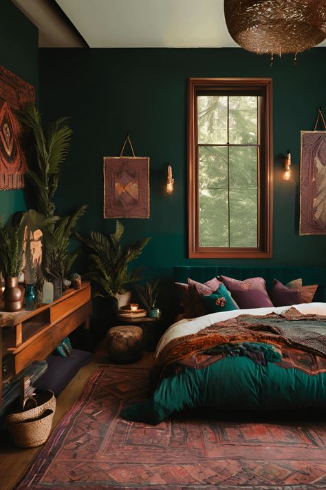 dark moody boho bedroom sample board Moody Boho Bedroom, Jewel Tone Bedroom, Feng Shui Bedroom Tips, Dark Boho Bedroom, Reclaimed Wood Bed Frame, Deep Jewel Tones, Maximalist Bedroom, Dark Neutrals, Brass Bed Frame