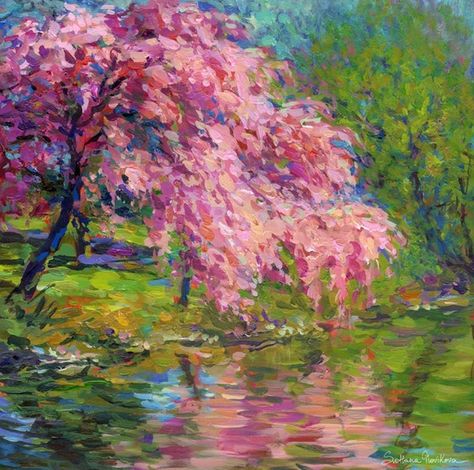 Beautiful and Soft Impressionism Paintings (3) Tree Landscape Painting, Tree Landscape, Impressionism Painting, Pink Trees, Impressionist Art, Cherry Tree, Landscape Trees, Tree Painting, Tree Art