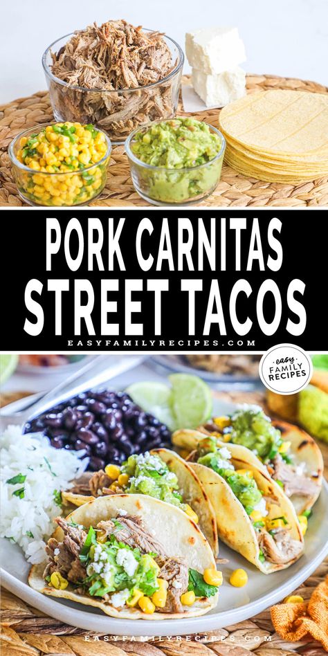 These Pork Carnitas Street Tacos are the best easy dinner idea! Carnitas are prepared in the slow cooker and then used to make these irresistible street tacos. This recipe is perfect for leftover carnitas and can make dinner super fast. Make them for taco tuesday or any night! Corn tortillas a re toasted then filled with tender pork carnitas and topped with corn salsa, guacamole and cheese. You can make them like this or customize to your family's preferences. Carnitas Street Tacos Recipe, Carnitas Street Tacos, Easy Pork Carnitas, Leftover Carnitas, Carnitas Tacos Recipe, Street Tacos Recipe, Pork Carnitas Tacos, Asian Steak Bites, Street Taco Recipe