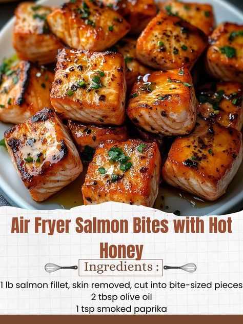 Creative Cookery Honey Garlic Salmon Air Fryer, Creative Cookery, Cozy Fall Recipes, Air Fryer Salmon, Salmon Bites, Salmon Fillet, Hot Honey, Salmon Dishes, Air Fryer Dinner Recipes