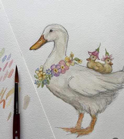 Duck And Ducklings Illustration, Duckies Drawing, Spring Animals Drawing, Spring Aesthetic Drawing, Duck Illustration Cute, Baby Duck Drawing, Ducklings Illustration, Cute Duck Painting, Watercolour Drawing Ideas