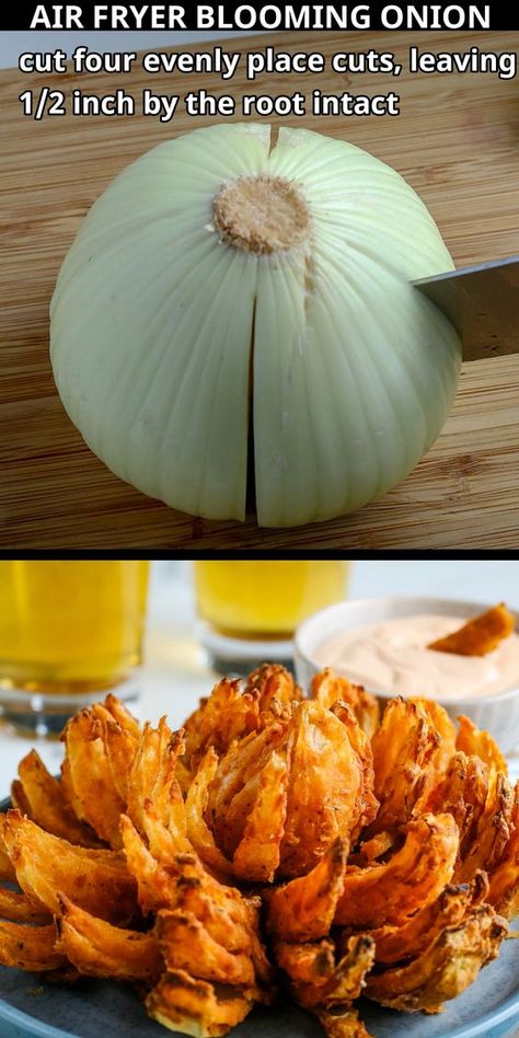 Onion Dish Recipes, Blooming Red Onion, Outdoor Fryer Recipes, Air Fryer Food Ideas Healthy, Onion Bloom Air Fryer, Air Fried Blooming Onion Recipe, Airfryer Onion Blossom, Onion Bloom Recipe, Air Fryer Comfort Food Recipes