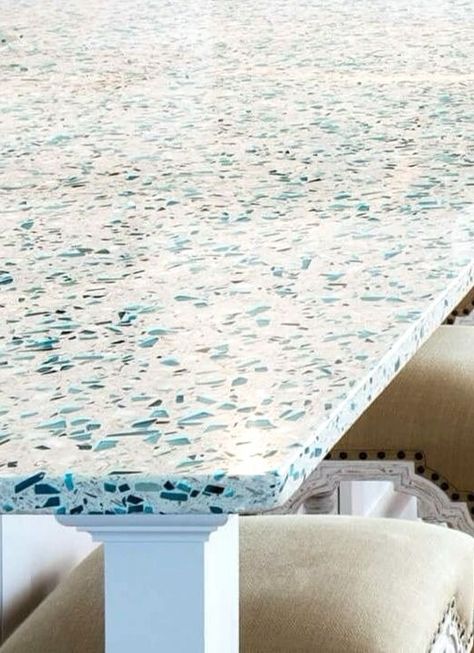 Recycled glass countertops inspired by seaglass for the kitchen and bath vanity top.. #coastaldecor Beach Cottage Kitchens, Recycled Glass Countertops, Replacing Kitchen Countertops, Kitchen Remodel Countertops, Diy Kitchen Countertops, Glass Countertops, New Countertops, Diy Countertops, Cottage Kitchens