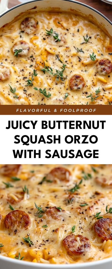 Image for Juicy Butternut Squash Orzo with Sausage Kielbasa And Squash Recipes, Orzo With Sausage, Quick Butternut Squash, Sausage And Squash, Butternut Squash Orzo, Squash Orzo, Squash Sausage, Butternut Squash Sausage, Sausage Sauce