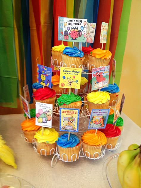 Reading Rainbow Birthday Party, Book Theme Desserts, 2nd Birthday Book Theme, Books First Birthday Party, Storybook Birthday Cake, Reading Themed Party, Book Themed 2nd Birthday Party, Book Theme 1st Birthday Party, Book Themed Cupcakes