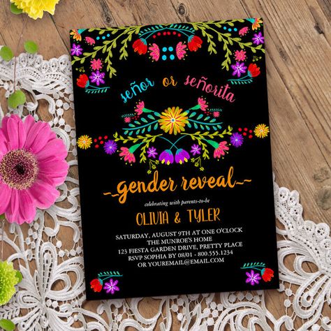 Mexican Fiesta Floral Black Colorful Gender Reveal Invitation Mexican Gender Reveal Invitation, Gender Reveal Ideas In Spanish, Mexican Themed Gender Reveal Party Ideas, Mexican Theme Gender Reveal Ideas, Mexican Themed Gender Reveal, Mexican Gender Reveal Ideas, Fiesta Theme Gender Reveal, Mexican Theme Invitations, Mexican Gender Reveal Party