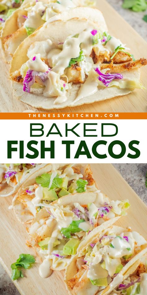 A perfect busy weeknight dinner! In less than 30 minutes, you can have these oven baked fish tacos with a creamy lime slaw. Save this baked cod recipe and try this quick and easy meal for tonight! Fish Tacos Oven Baked, Basa Fish Tacos, Baked Fish Taco Recipe, Baked Fish Tacos With Cabbage Slaw, Cod Tacos Recipes, Baked Cod Fish Tacos, Fish Tacos Baked, Cod Tacos, Baked Fish Tacos