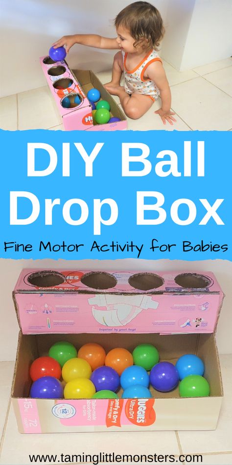 Learn how to turn an old nappy box into this easy DIY ball drop box. This is a great way to recycle an old box into a simple learning activity for babies and toddlers. They can practice fine motor skills, hand eye co-ordination and more.  #baby #toddlers #finemotor #babies #DIY Diy Ball Drop, Activity For Babies, Perlengkapan Bayi Diy, Infant Classroom, Easy Toddler Activities, Baby Sensory Play, Baby Play Activities, Baby Learning Activities, Daycare Activities