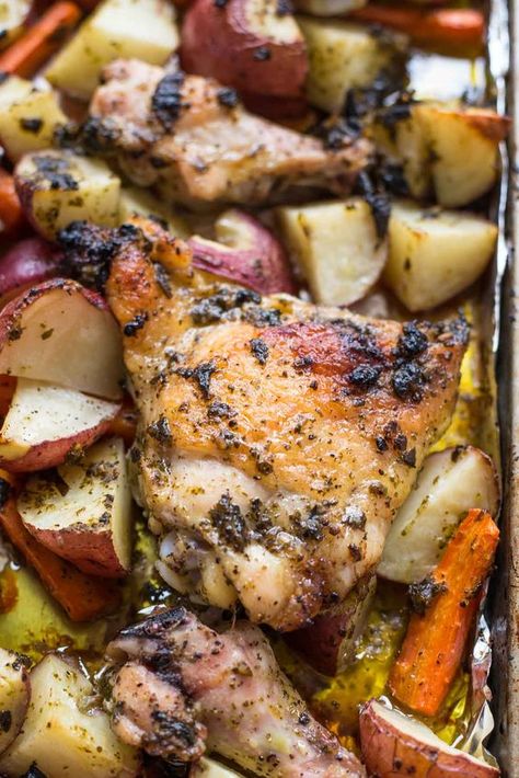 This Sheet Pan Pesto Chicken with potatoes and carrots is a ridiculously easy and tasty dinner idea! Easy Baked Ranch Chicken, Sheet Pan Pesto Chicken, Baked Ranch Chicken Thighs, Chicken With Potatoes And Carrots, Ranch Chicken Thighs, Baked Recipe, Chicken With Potatoes, Baked Ranch Chicken, Potatoes And Carrots