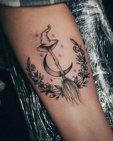 Halloween Tattoos For Women, Witch Hat Tattoo, Armpit Tattoo, Mirror Tattoos, Hat Tattoo, Stick Tattoo, Wiccan Tattoos, Ankle Tattoos For Women, Hand And Finger Tattoos