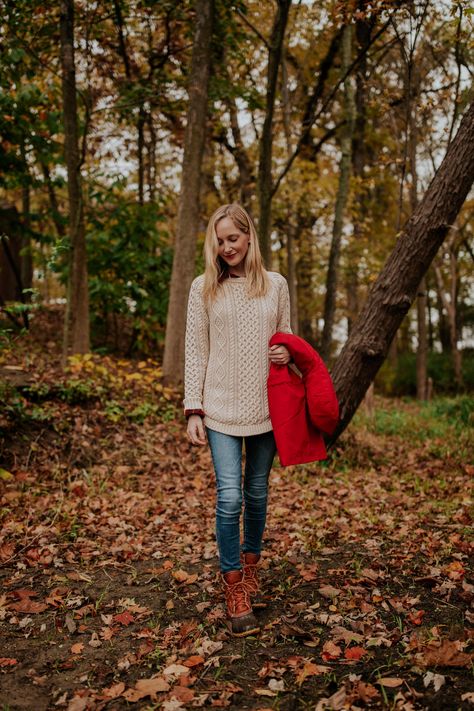 Got to Fall outfit: Cozy knit sweater, jeans, LL bean boots, and a red raincoat by Penfield. Ll Bean Fisherman Sweater Outfit, Ll Bean Women Outfits, Ll Bean Aesthetic, Knits Outfits, Gigi 2023, Going Live Tomorrow, Chicago Life, Autumn Knitting, Preppy Fall Fashion