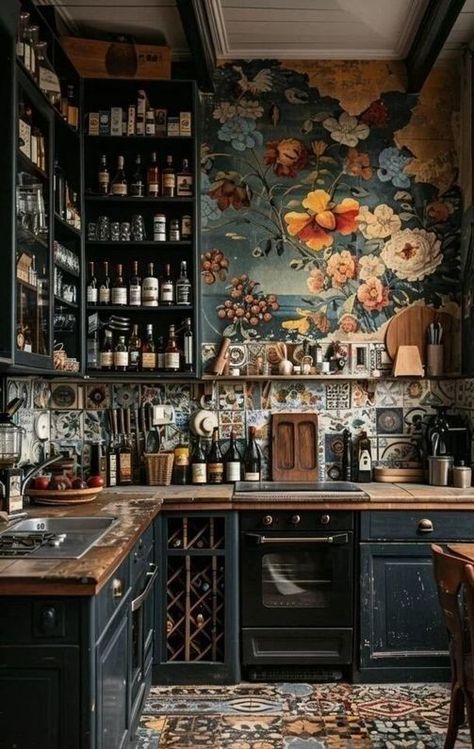 Moody Cottage Core Kitchen, Dark Maximalism Kitchen, Dark Cottage Core Kitchen, Moody Maximalist Kitchen, Moody Mediterranean, Cottage Core Kitchens, Maximalist Lifestyle, Dark Academia Kitchen, Kitchen Theme Ideas