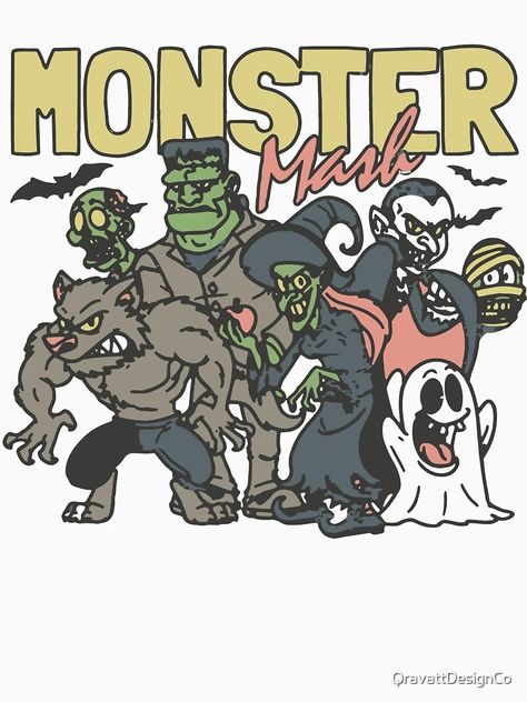 "Retro Halloween Monster Mash " Essential T-Shirt for Sale by QravattDesignCo | Redbubble Monster Mash Costume, The Monster Mash, Ghost Tshirt, Halloween Monsters, Halloween Songs, Boho Room Decor, Monster Mash, Classic Monsters, Universal Monsters