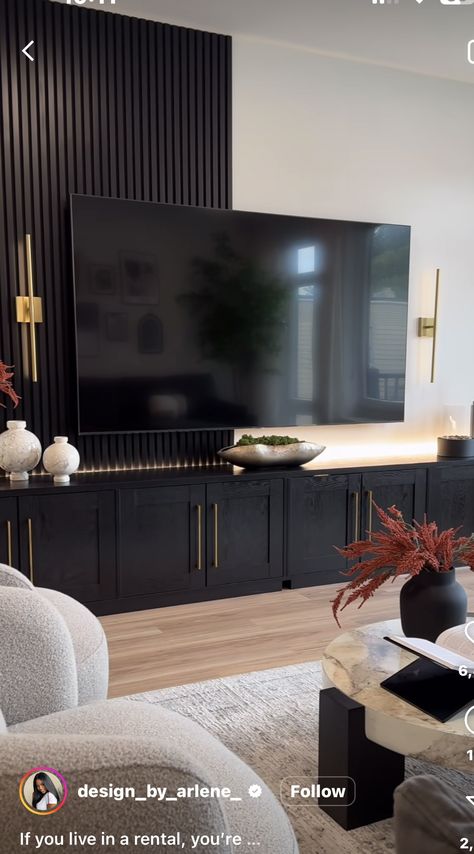 Black And Walnut Living Room, Black And Tan Living Room, Wisconsin Living, Walnut Living Room, Tan Living Room, Black Panels, Media Center, Family Rooms, Large Living Room