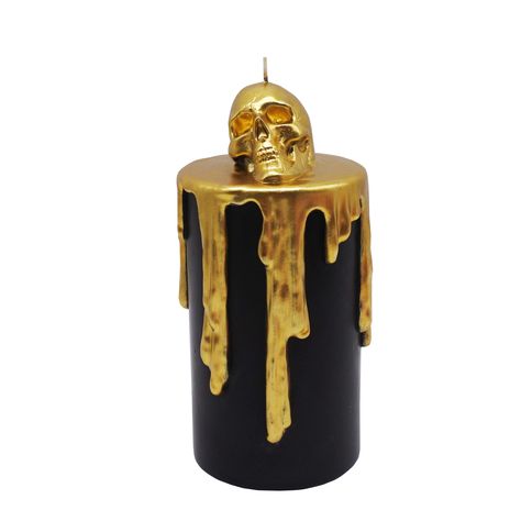 "Find the 6\" Black & Gold Skull Pillar Candle by Ashland® at Michaels. Add a little enchantment to your Halloween décor by incorporating the elegant, soft glow of candlelight into your space. Featuring a gold skull that appears to melt over the top, this black pillar candle is sure to bring a mystical ambiance to your home paired with spooky collectibles on your living room mantel or a prominent side table. Add a little enchantment to your Halloween décor by incorporating the elegant, soft glow Black Pillar Candles, Living Room Mantel, Skull Candle, Gold Skull, Gold Candles, Halloween Candles, Diy Pumpkin, Pillar Candle, Over The Top