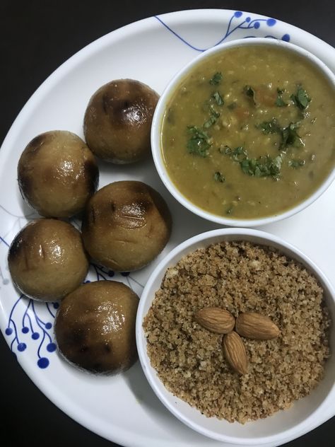 Daal Baati Churma 💕 Dal Bati Snapchat Story, Daal Baati Churma, Dal Bati Recipe, Churma Recipe, Daal Baati, Bati Recipe, Rajasthani Cuisine, Food Snapchat Story, Vegetarian Meal Ideas