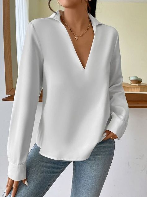 Shirt Collar Simple Loose Long sleeve Blouse | stylewe Tops Online Shopping, White Blouse Top, Pleated Shirt, Blouse Casual, Online Tops, Casual Fall Outfits, V Neck Blouse, Work Attire, Casual Blouse