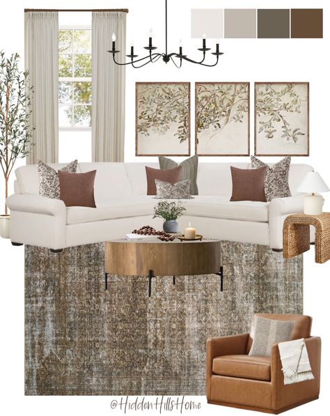 Brown Grey Cream Living Room, Accent Chairs With Beige Couch, Poufs In Living Room, Brown And Cream Living Room, Living Room Mood Board, Grey And Brown Living Room, Tan Living Room, Room Mood Board, Silver Living Room