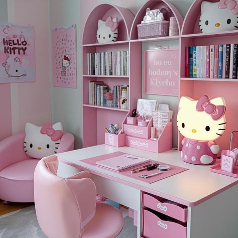 Hello Kitty Loft Bedroom, Pink Room Aesthetic Hello Kitty, Hello Kitty And Friends Room Decor, Hello Kitty Office, Pink Sanrio Room Aesthetic, Pbteen Hello Kitty, Sanrio Room, Comfy Room, Hello Kitty Shop