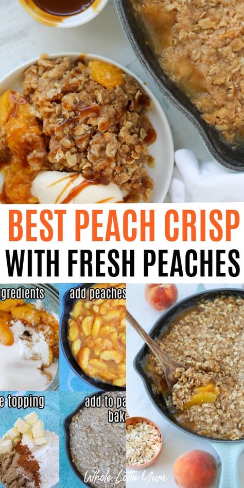 EASY Peach Crisp with Fresh Peaches - Whole Lotta Yum Peach Crisp With Fresh Peaches, Gluten Free Peach Crisp, Fresh Peach Crisp, Peach Desserts Easy, Whole Lotta Yum, Easy Peach Crisp, Fresh Peach Recipes, Homemade Peach Cobbler, Peach Crisp Recipe