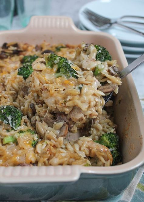 Loaded with parmesan, cheddar and mozzarella, this Three Cheese Chicken Broccoli and Orzo Casserole will not disappoint! Chicken Broccoli Orzo Casserole, Orzo Casserole, Cheese Orzo, Broccoli Orzo, Orzo Bake, Shredded Rotisserie Chicken, Cheese Broccoli, Broccoli Chicken, Orzo Recipes