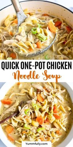 Comforting and nourishing, this One Pot Chicken Noodle Soup is not only easy to make, but also deliciously creamy without being heavy. Packed with shredded chicken, fresh veggies, and tender noodles, this soup is wholesome and satisfying! Chicken Noodle Soup Without Vegetables, Chicken Thigh Noodle Soup, One Pot Chicken Noodle Soup, Summer Lunch Recipes, Easy Chicken Noodle Soup, Chicken Soup Recipes Easy, Vegetable Bake, Easy Chicken Soup, Chicken Noodle Soup Crock Pot