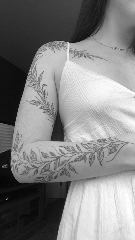 Vine Tattoos Arm Sleeve, Vine Tattoo Up Arm, Lead Vine Tattoo, Foliage Half Sleeve Tattoo, Fairy And Vines Tattoo, Flower Vines Tattoo Arm, Shoulder Tattoos For Women Vines, Ivy Tattoo Around Arm, Full Sleeve Vine Tattoo