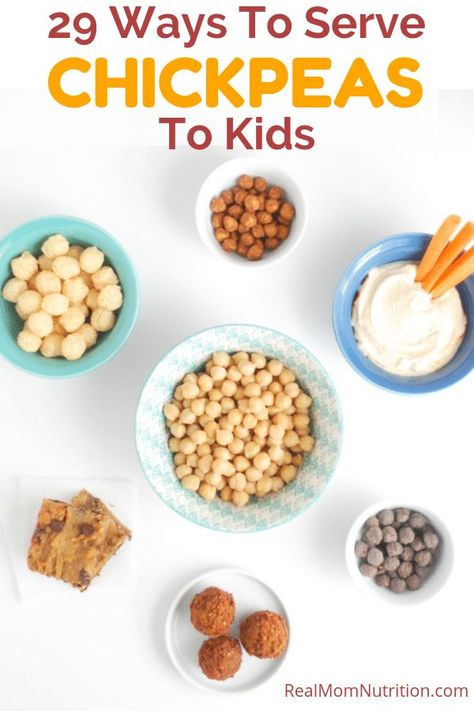 Here are 29 different ways to serve chickpeas to kids, from hummus and falafel to brownies and snack puffs. Plus kid-friendly chickpea recipes! #realmomnutrition #chickpearecipes #chickpeasforkids #snackrecipes #kidfriendly Lentil Cookies, Kids Friendly Meals, Garbanzo Bean Recipes, Chickpea Snacks, Spiced Chickpeas, Pea Recipes, Chickpea Recipes, Real Mom, Toddler Snacks