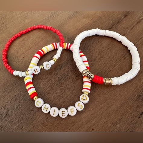 This Custom Made Kansas City Chiefs 3 Piece Stretchy Bracelet Measures 7.5 Inch Chiefs Clay Bead Bracelet, Chiefs Bracelet Ideas, Chiefs Beaded Bracelet, Nfl Clay Bead Bracelets, Kc Chiefs Beaded Bracelet, Bracelet Themes, Kansas City Chiefs Bracelets, Chiefs Bracelet, Nfl Beaded Bracelets