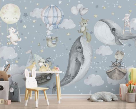 SH1143-0-3 Whale Baby Room, Pastel Playroom, Nursery Wall Murals, Ocean Nursery, Nursery Mural, Kids Watercolor, Fish Wall Art, Kids Room Wallpaper, Watercolor Wallpaper