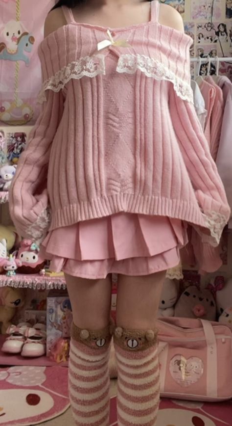 Cute Outfits Strawberry, Soft Core Outfits Pink, My Melody Clothing, Cute Strawberry Dress, Hello Kitty Themed Outfit, Cute Sanrio Outfits, Hello Kitty Girl Outfit, Cutecore Pajamas, Cute Hello Kitty Outfits