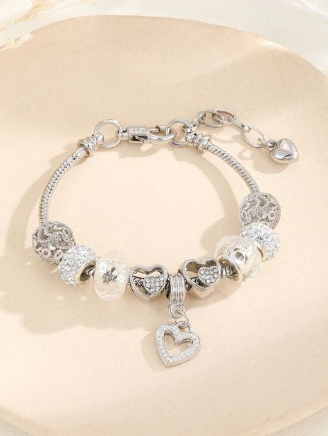 Rhinestone Heart Charm Bead Decor BraceletI discovered amazing products on SHEIN.com, come check them out! Pandora Bracelet Designs, Bracelet Pandora, Bracelets Design, Brass Bracelet, Elegant Bracelet, Rhinestone Heart, Bead Charm Bracelet, Hand Jewelry, Pandora Bracelets