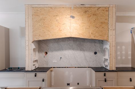 All About Our Plastered Range Hood Build In Hood Kitchen, Kitchen Ideas Range Hood, Hood Covers Range, Stone Covered Range Hood, Curved Hood Vent, Enclosed Range Hood, Hidden Range Hood, Plaster Stove Hood, Diy Plaster Range Hood